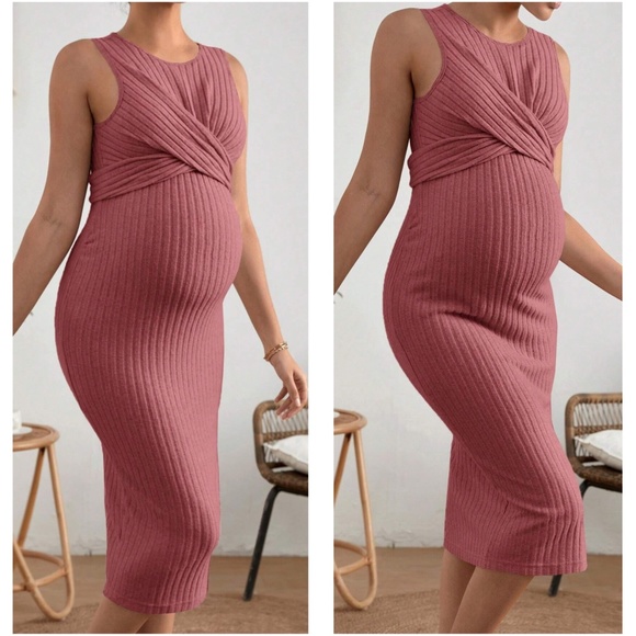Maternity Redwood Twisted Knit Sleeveless Side Slit Midi Dress - Picture 2 of 5
